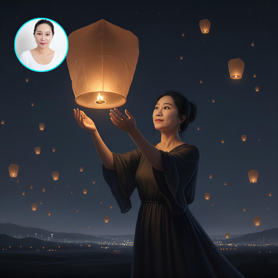 Silhouette of a figure holding a glowing lantern at night