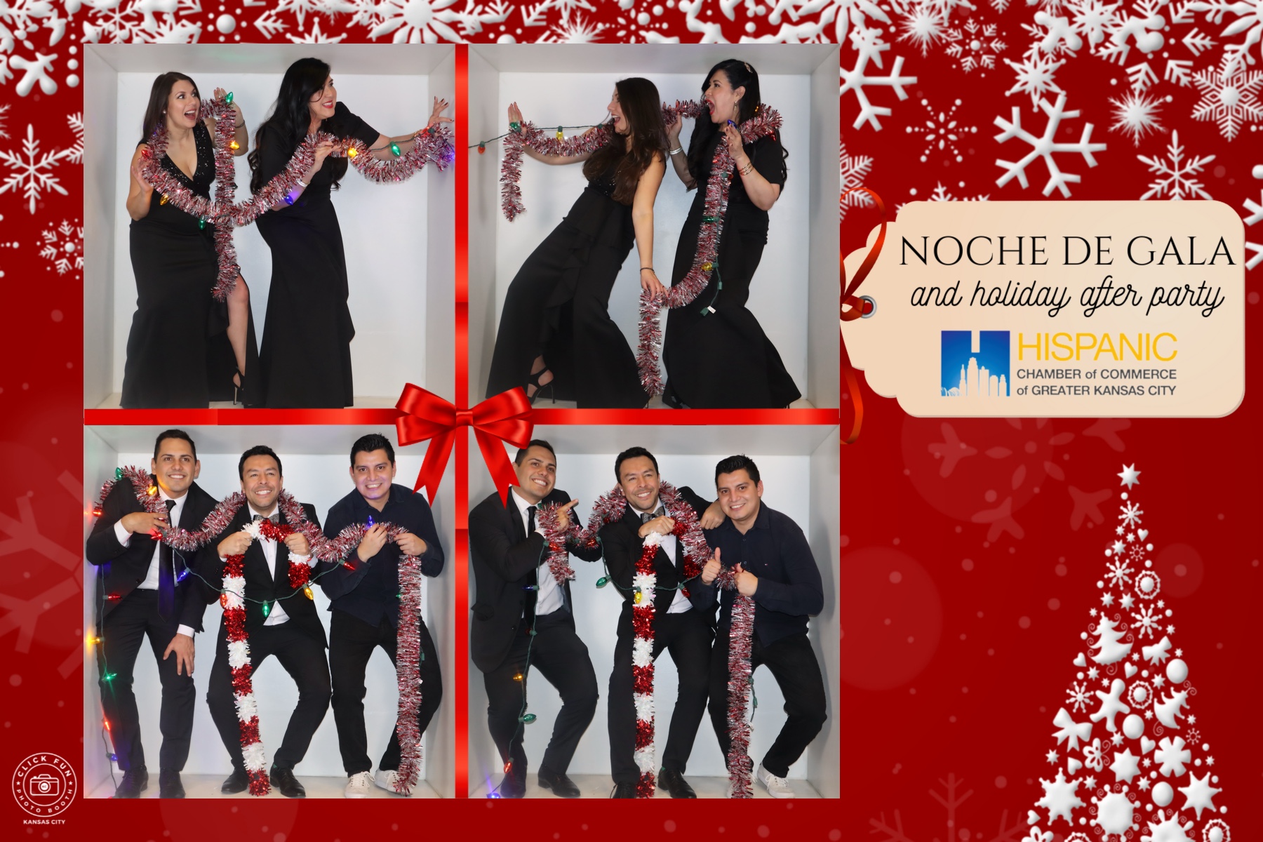 Collage of people posing at a red-lit box photo booth