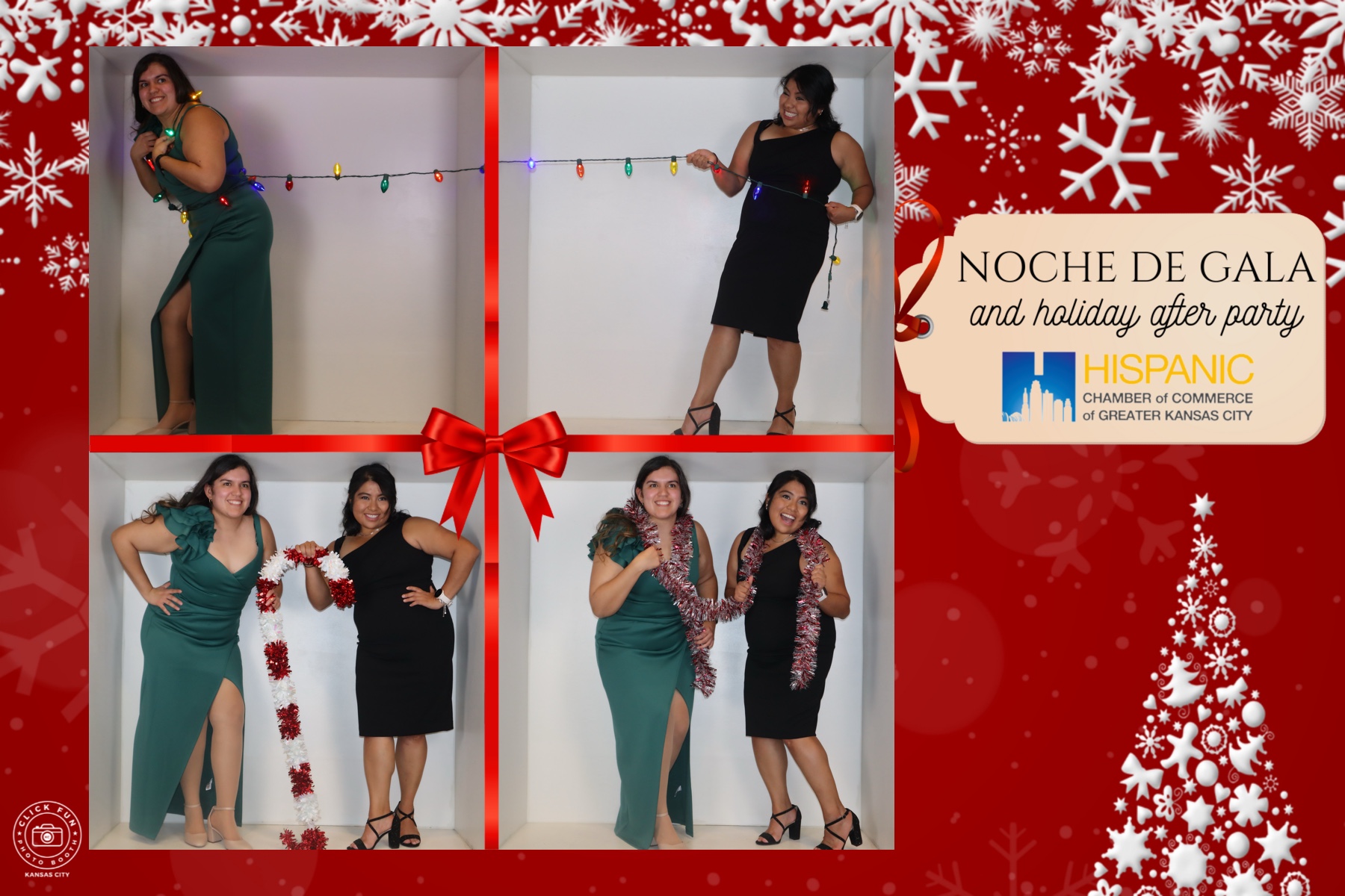 Collage of people posing at a red-lit box photo booth