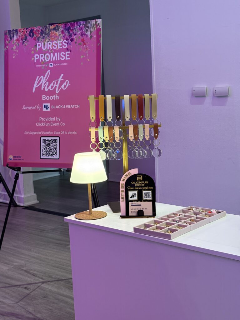 Purple-lit table display with decorative items