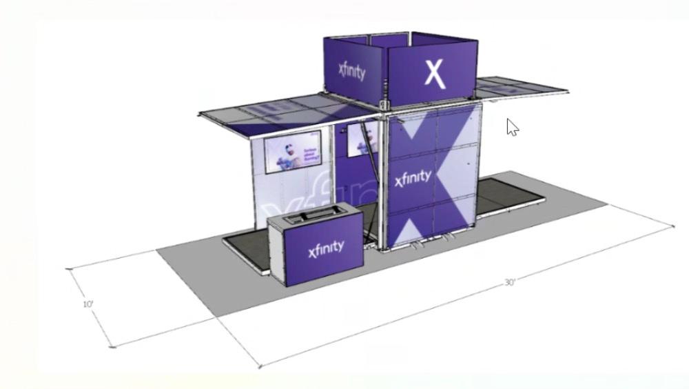3D rendering/mockup of a purple branded photo booth kiosk