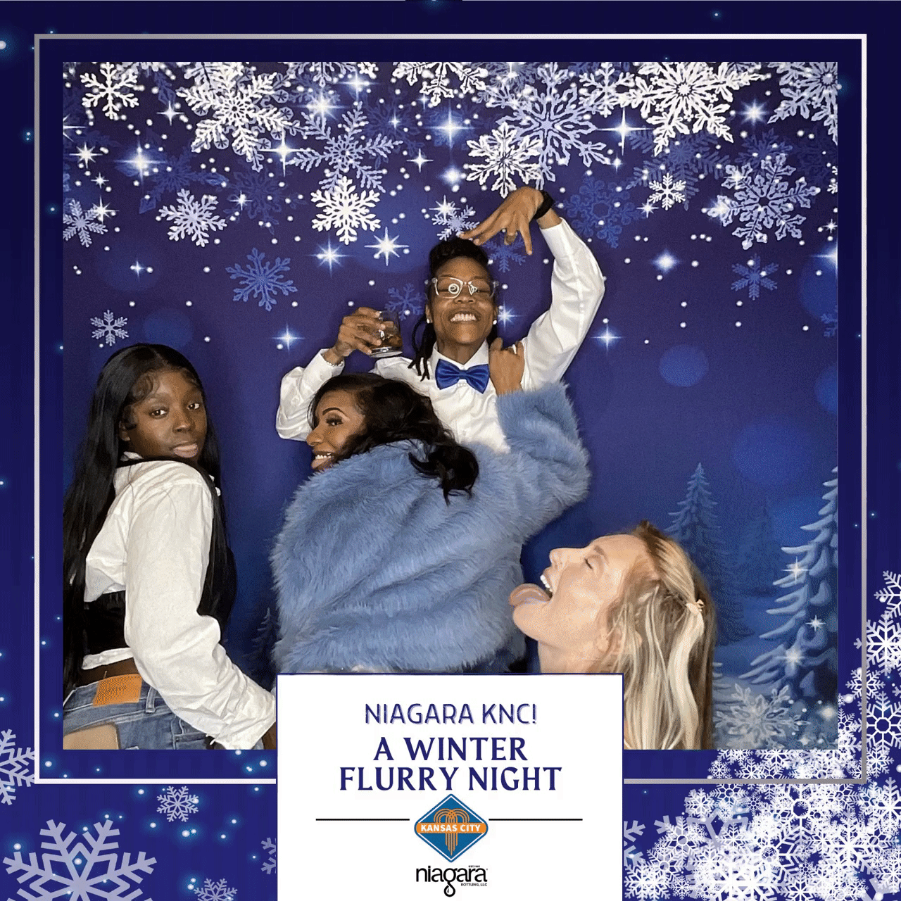 Group of people posing together against a starry blue backdrop