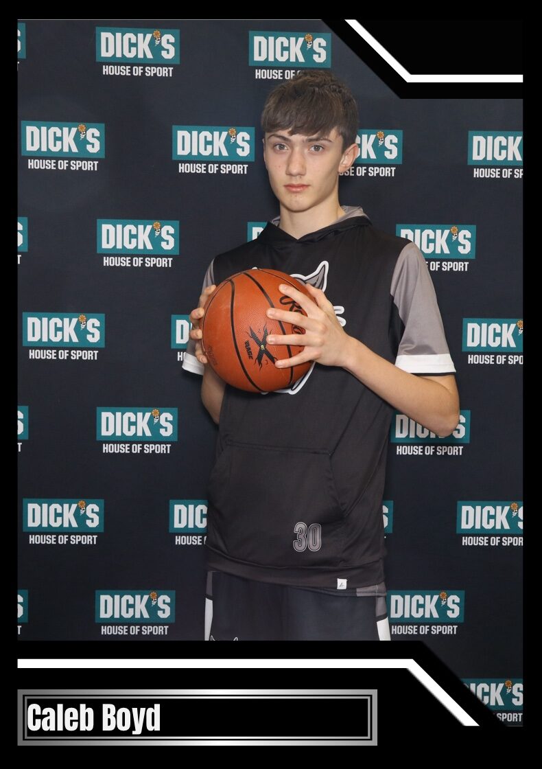 Trading card style photo of a boy holding a basketball