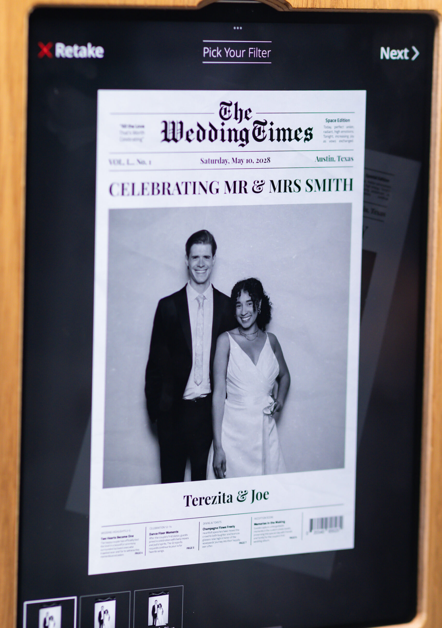 Newspaper-style wedding photo booth print with a couple's portrait