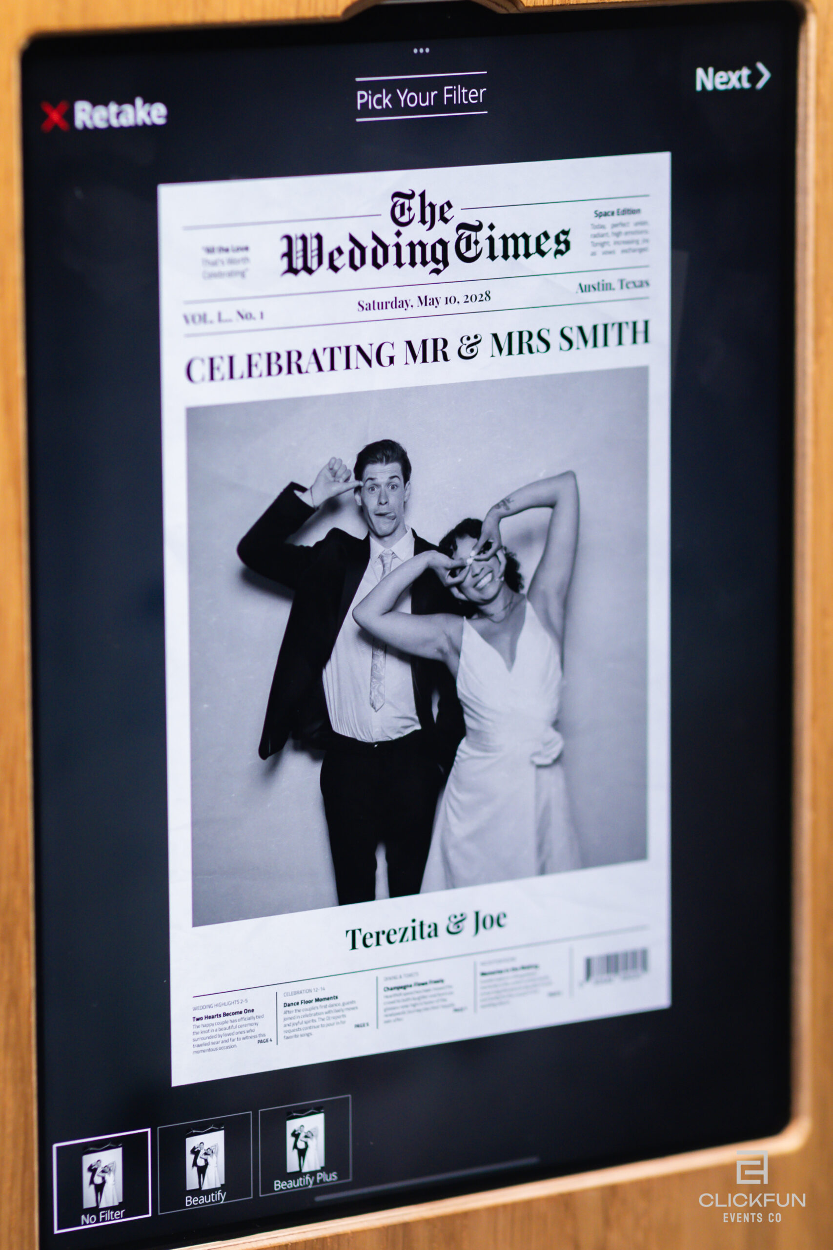 Newspaper-style wedding photo booth print with a couple's portrait