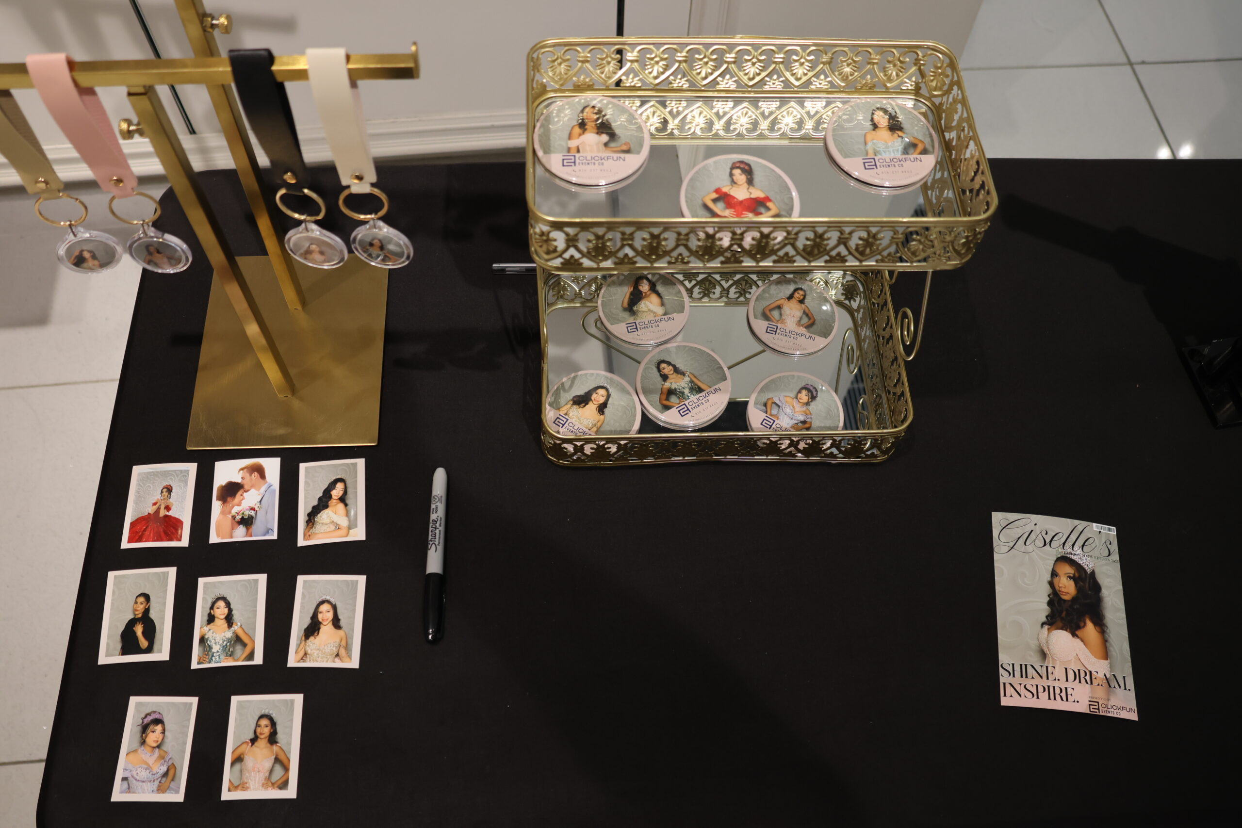 Jewelry/display stand with small circular items on a dark surface
