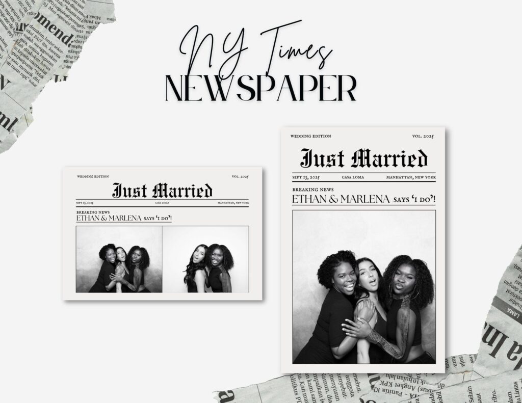 Newspaper-style photo booth print template with a black and white photo